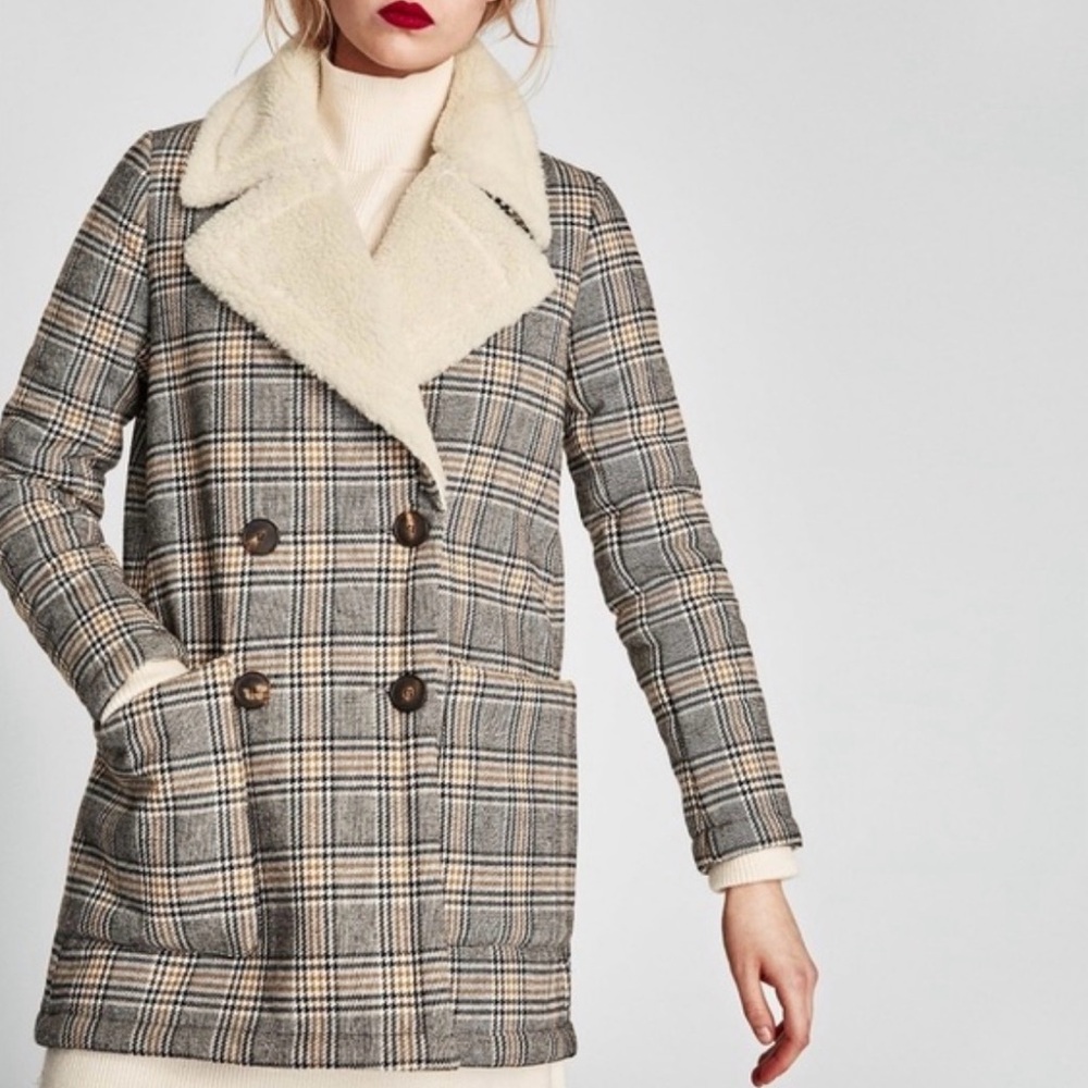 NEW! Zara Plaid Sherpa Double Breasted Button Pocket Jacket Coat Women’s Medium